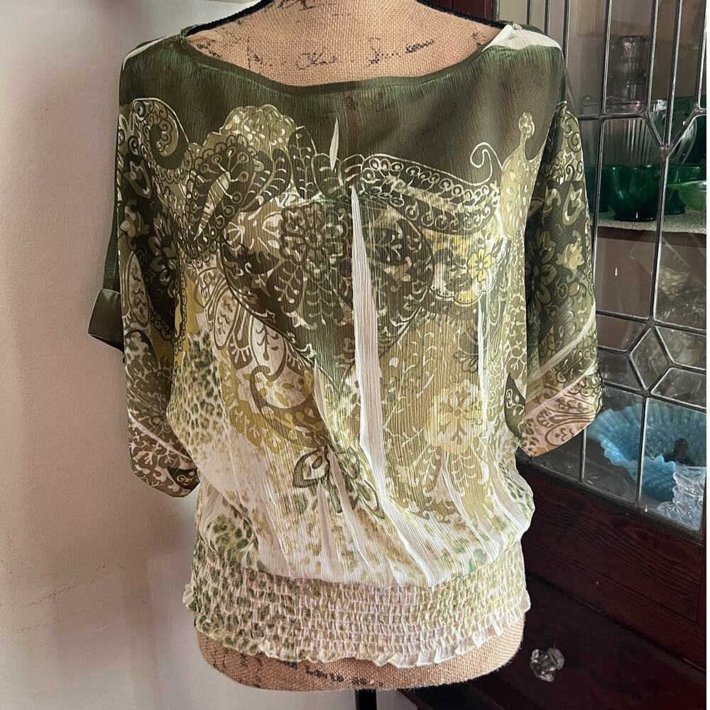 90s Boho Sheer Peasant Blouse Green Paisley Print Festival Top Size S Kimono